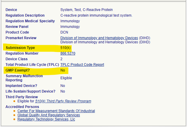 Product code DNC Not GMP Exempt Class 2