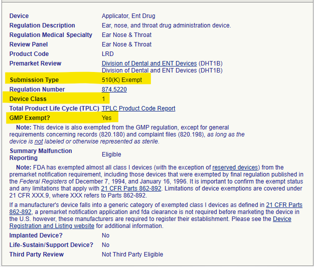 Product code LRD GMP Exempt Class 1